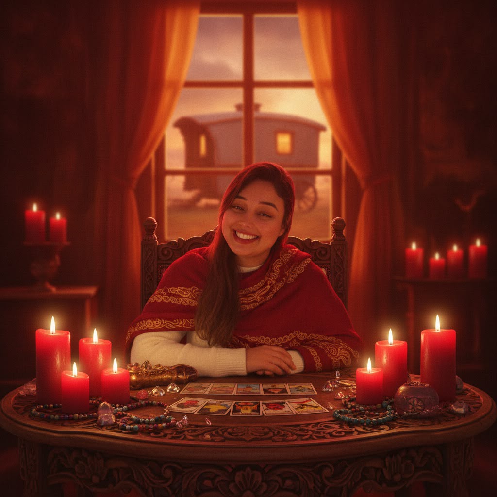 Maria Rosa em um ambiente acolhedor com cartas, velas e rosas